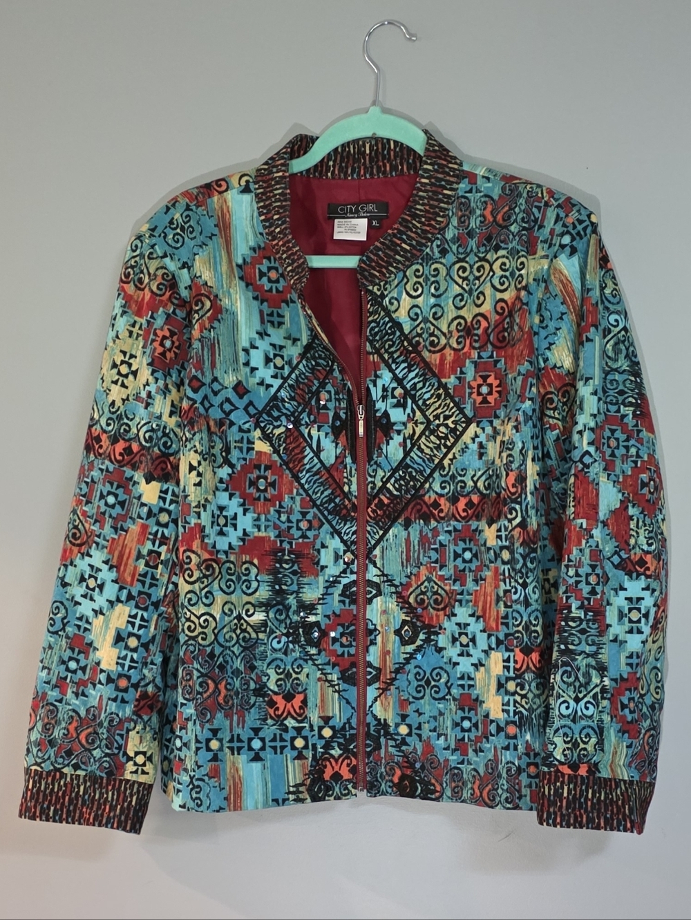 City Girl Turquoise Multi-Pattern Zip Bomber Jacket
